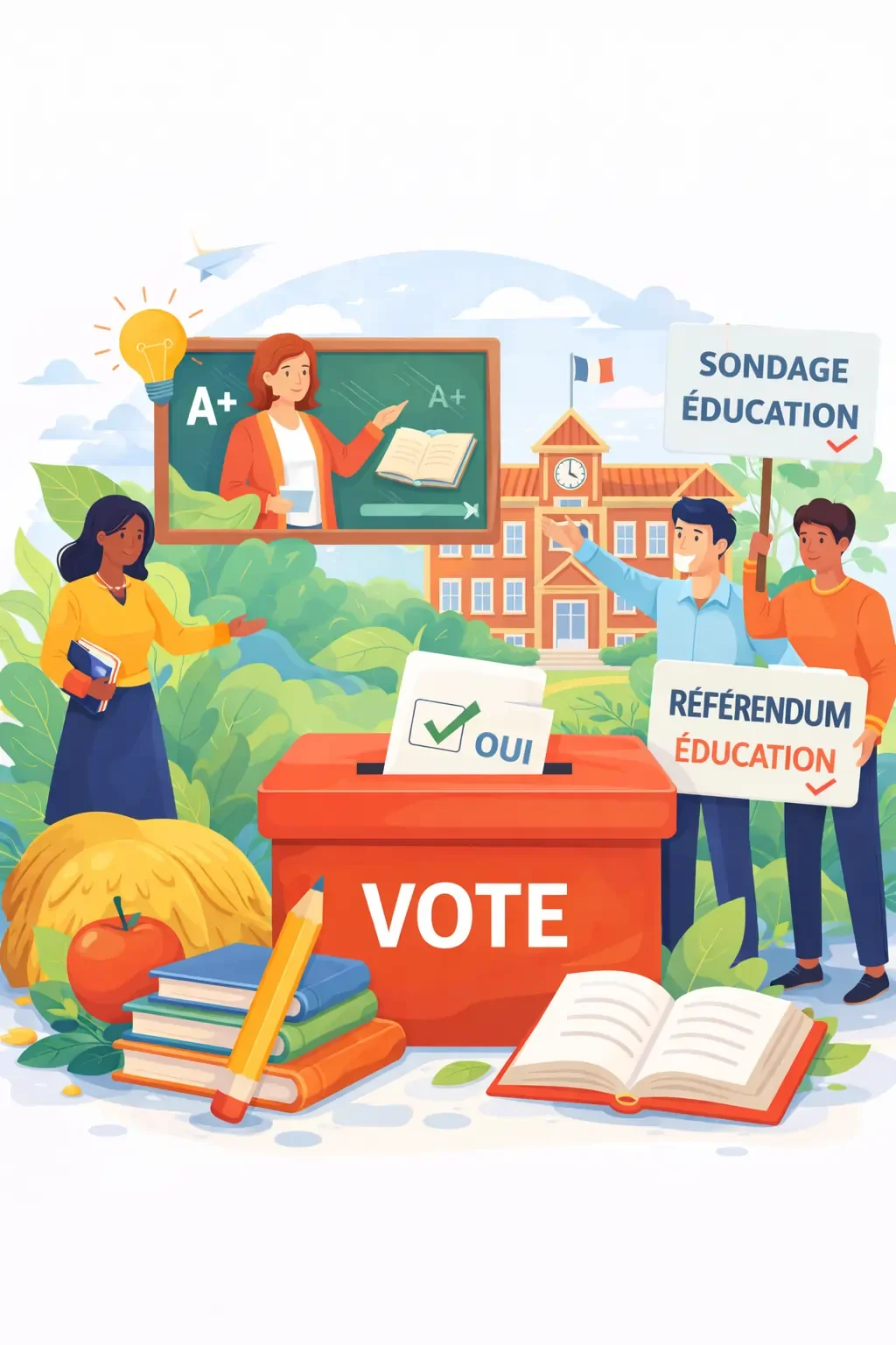 Image de la catégorie Référendum et sondage sur l’éducation montrant des citoyens et des élèves autour de livres, symbolisant l’apprentissage et la participation citoyenne