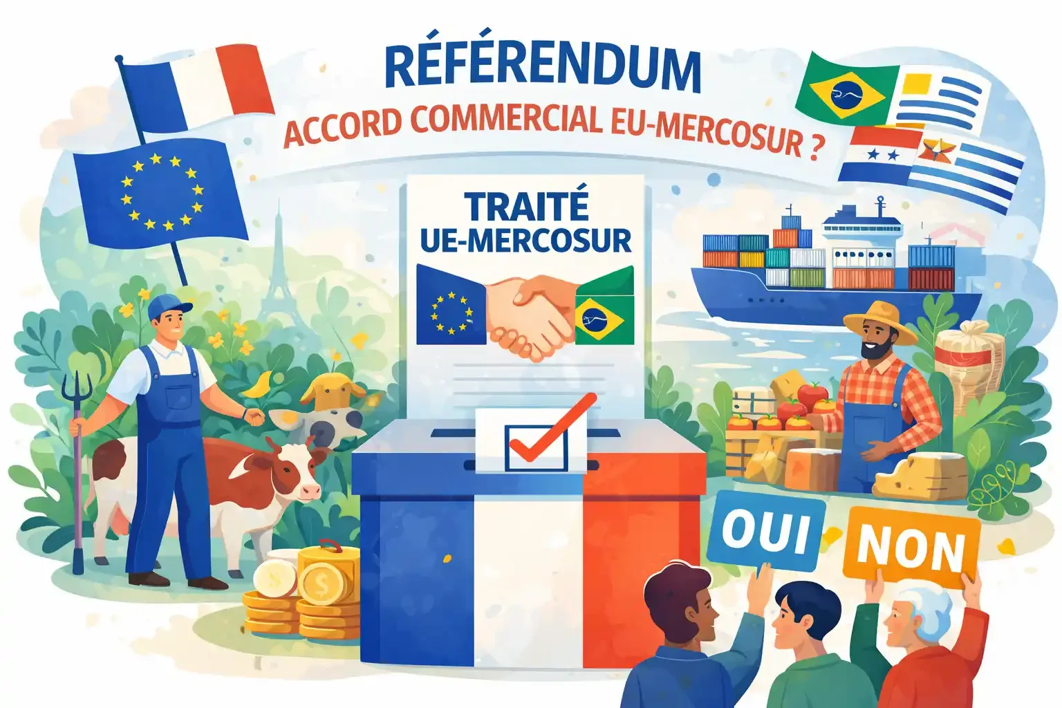  Illustration d’un référendum en France sur l’accord commercial EU-Mercosur, opposant enjeux agricoles, économiques et commerciaux. 