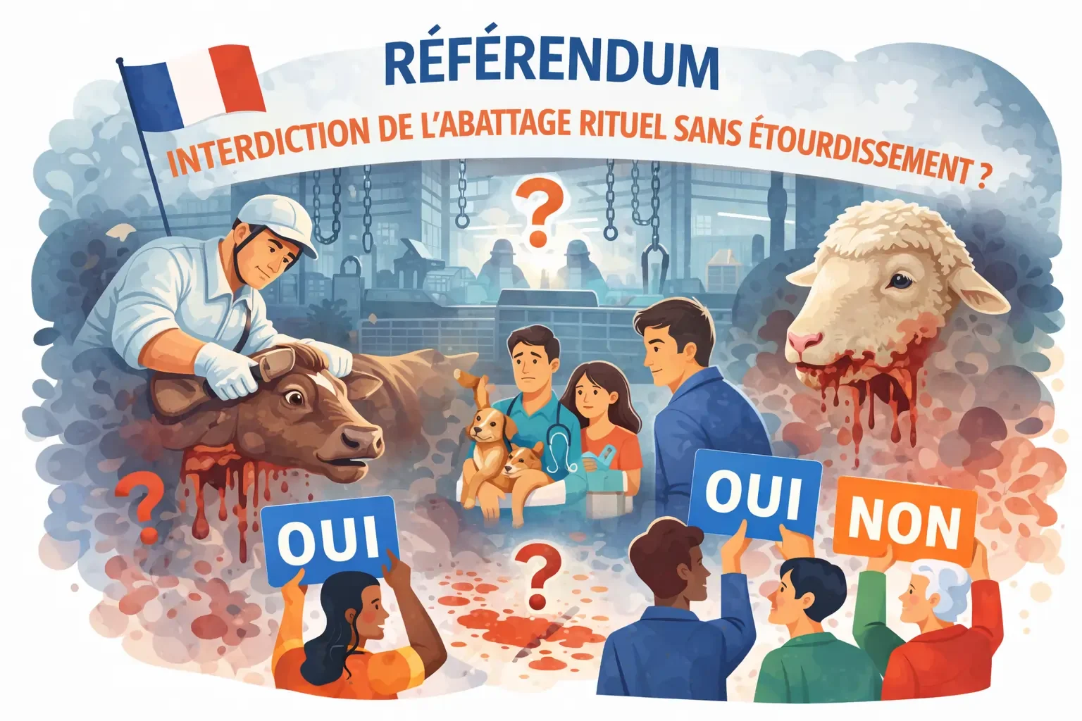 Illustration d’un référendum en France sur l’interdiction de l’abattage rituel et la protection contre la maltraitance animale.