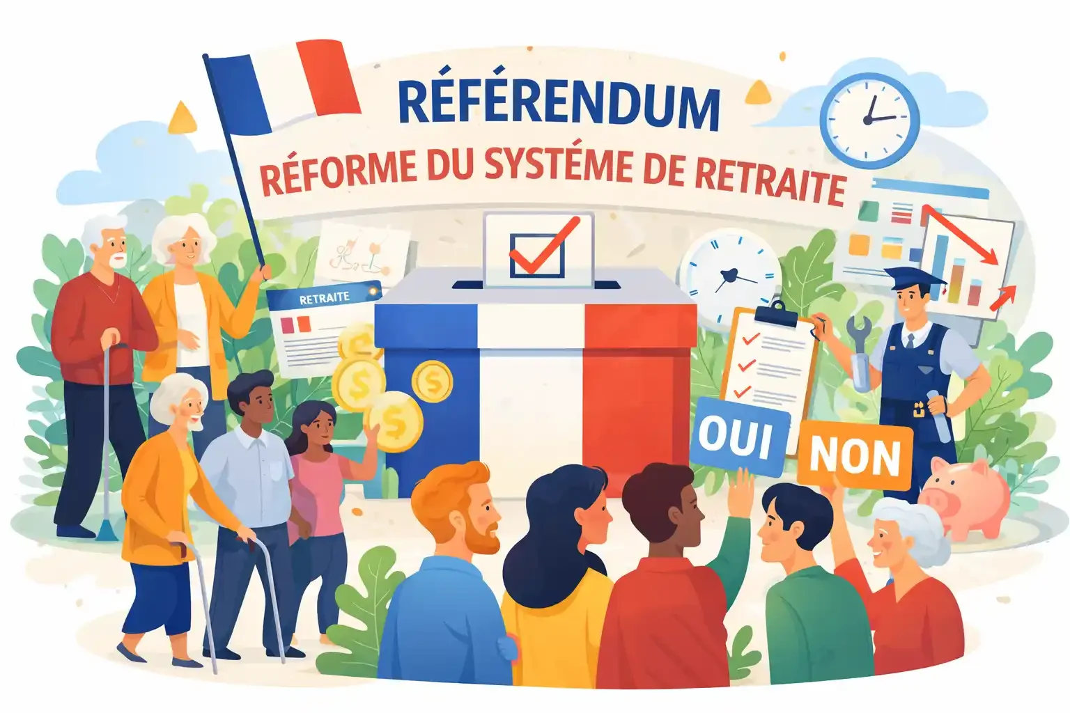  Illustration d’un référendum en France sur la réforme du système de retraite, avec des citoyens votant pour ou contre autour d’une urne tricolore